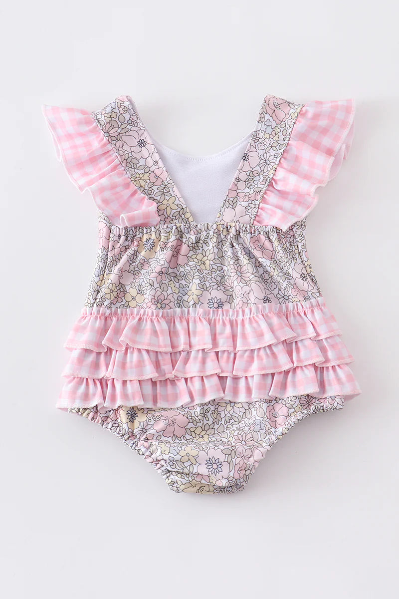 Pink Floral Print Girl Swimsuit