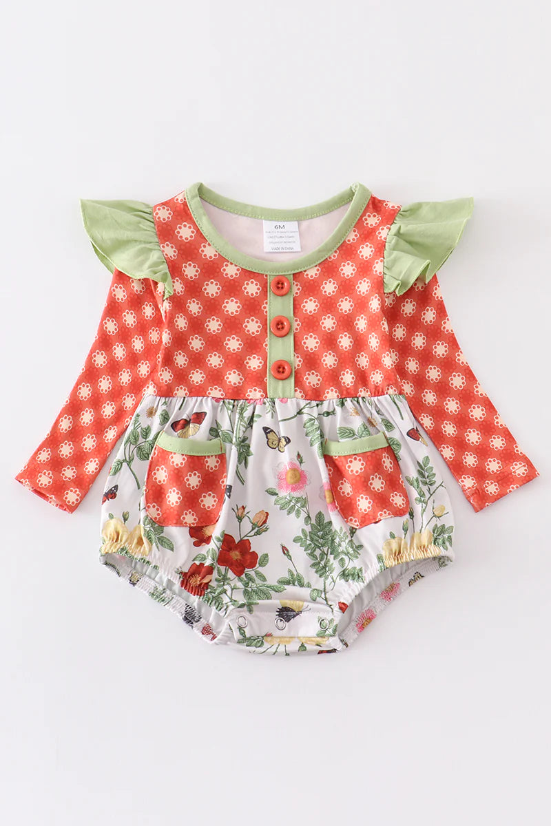 Orange plaid floral print ruffle baby romper