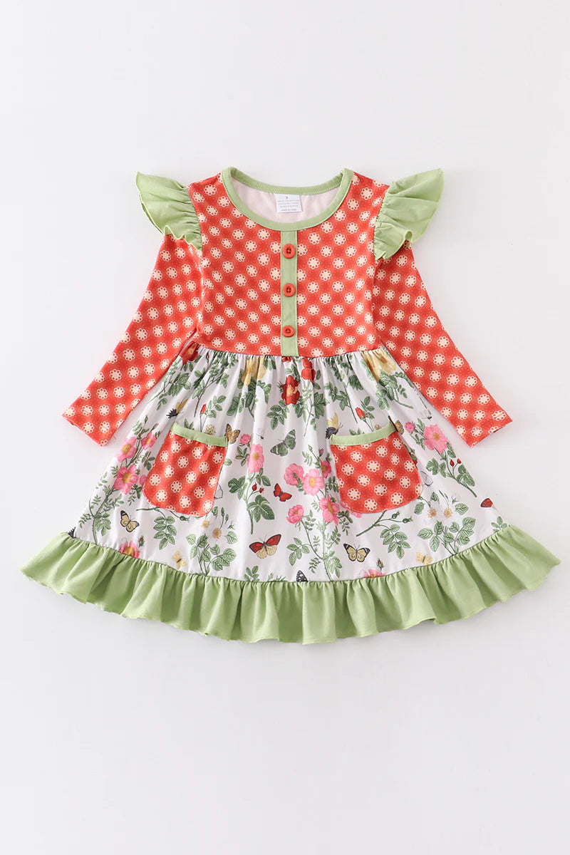 Orange plaid floral print ruffle dress