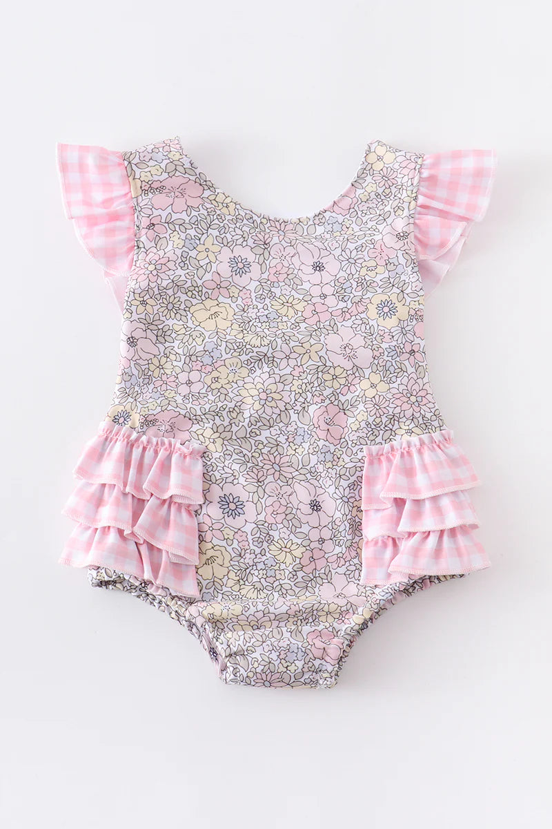 Pink Floral Print Girl Swimsuit